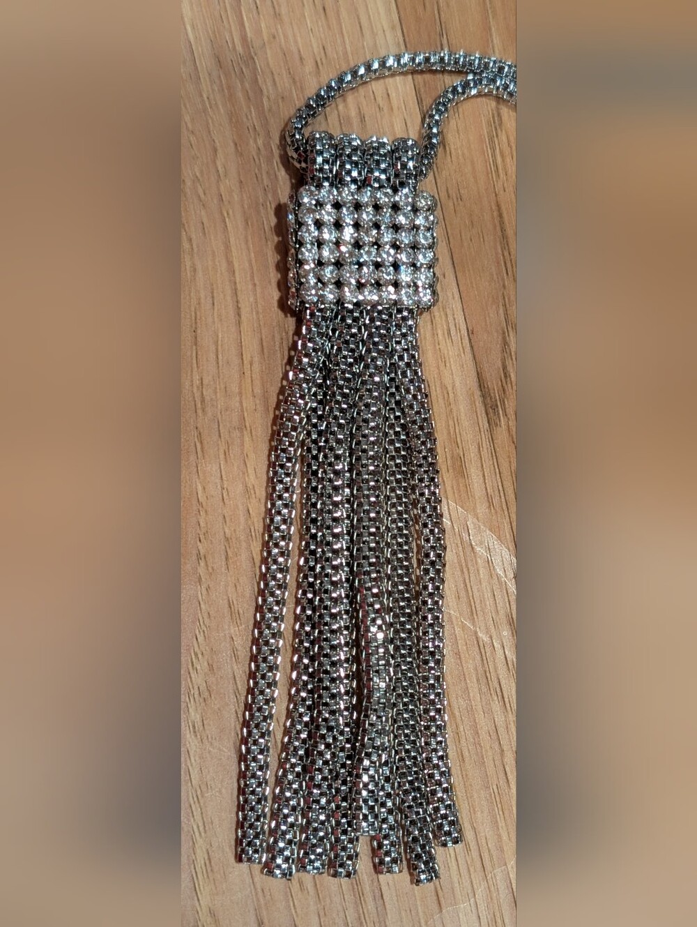 Bold Silvertone Tassel Necklace With Clear Crystal Accents